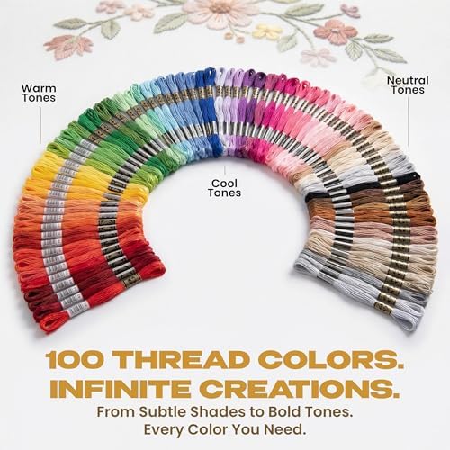 KEFF Craft Embroidery Kit for Beginners - 100 Embroidery Thread Colors, 4 Hoops, Scissors, Needles, Pins, Blank Fabrics & Tools – Cross Stitch Supplies, Cross Stitch Kits, Arts and Crafts for Adults - Image 6