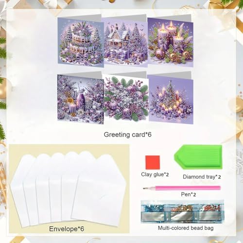 jinglinhh 6pcs Diamond Art Painting Purple Christmas House Candle Ornaments Greeting Cards with Envelopes, DIY Card Making Kits for Adults, Diamond Art Postcards Christmas Cards Craft Gifts - Image 3
