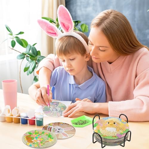 UPINS 8 Pieces Easter Diamond Art Coasters,Bunnies Diamond Art Coaster for Adults Diamond Kits Supplies for Spring Easter Gift - Image 6