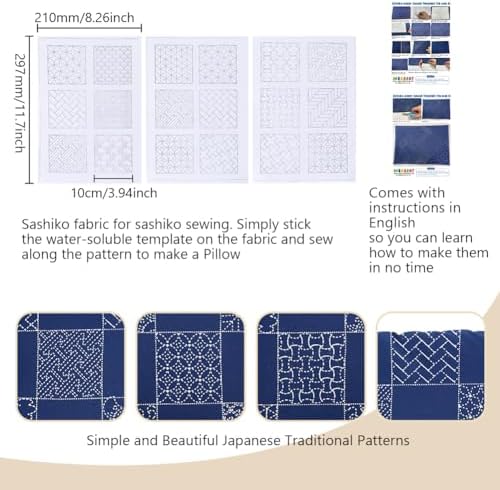 WEBEEDY DIY Sashiko Pillowcase for Beginners,Embroidery Kit with Sashiko Templates Pattern Thread Needles and Instruction,Japanese Hand Sewing Kit Embroidery Bedroom Decor Housewarming Gift - Image 3