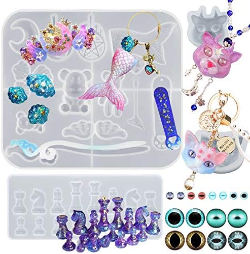 FUNSHOWCASE Jewelry Making Molds Resin Casting Set Charms and Pendants, Chess 3 Eyed Kitty Hair Pin Silicone Mold, with Key Ring, Chain Extension, Screw Eye, Jump Rings, Cat Eye Domes 218-kit by FUNSHOWCASE