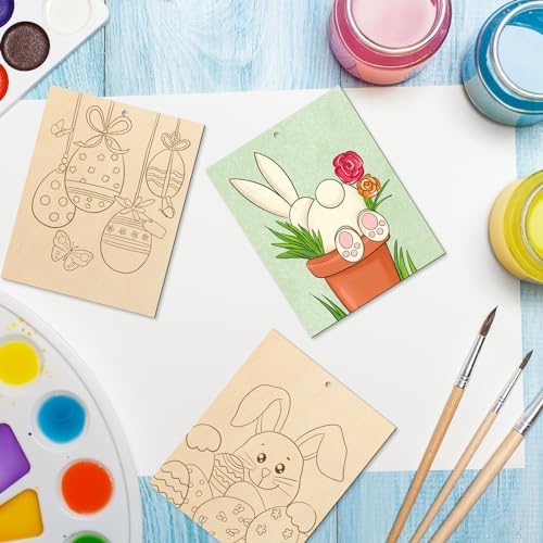 COCHIE 10 Pieces Large Easter Unfinished Wood Crafts to Paint for Adults, Bulk Predrilled Wooden Ornaments for Painting, Bunny Duck Eggs Paintable Wood Slices Craft Supplies with Ropes - Image 6