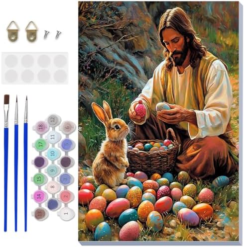 NAIMOER Easter Paint by Numbers Kits for Adults Beginner with Wooden Framed, Jesus Rabbit Color by Numbers on Canvas Painting Kits for Adults, Easy Paint DIY Acrylic for Home Wall Decor 8X12 Inch by NAIMOER