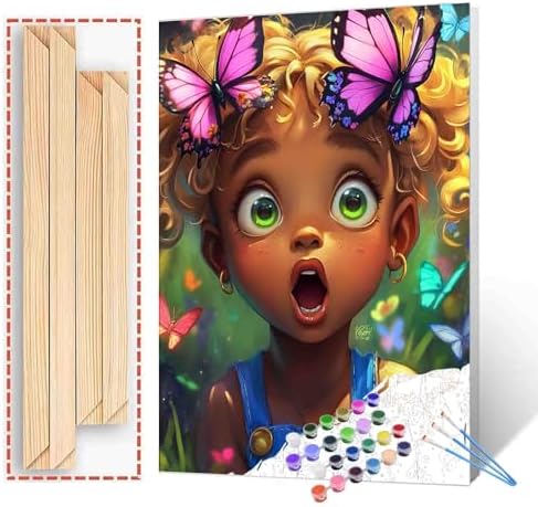 DIY Paint by Numbers for Adults Curly Hair Little Girl Painting Acrylic Paint African American Girl DIY Digital Oil Painting Kits Butterfly Canvas Wall Art Living Room Decor 16x20 Inch（DlY Frame ） by TUMOVO