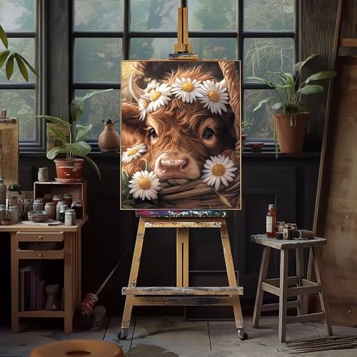 Natuyalo Animals Paint by Numbers Kits for Adults, Baby Cattle in Basket Paint by Numbers Kits, Daisy Flowers Adult Paint by Number Kits on Canvas, Acrylic Painting for Home Wall Decor (16x20 inch) - Image 2