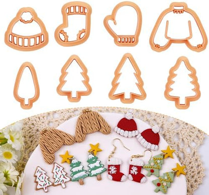 Puocaon Christmas Holiday Clay Cutters - 8 Pcs Christmas Tree Clay Cutters for Polymer Clay Jewelry Making, Christmas Jumper Socks Gloves Clay Jewelry Cutters, Cute Beanie Polymer Clay Earring Cutters by PuocaonPolymerClayTools