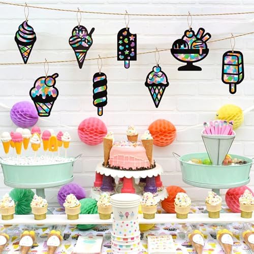 CJiangpo 24 Sets Summer Ice Cream Suncatcher Paper Craft Kits, DIY Stained Glass Effect Window Ornament Rainbow Tissue Paper Art Craft for Kids Classroom Activities Supplies Summer Party Decor Favor - Image 5