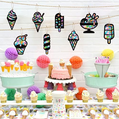 CJiangpo 24 Sets Summer Ice Cream Suncatcher Paper Craft Kits, DIY Stained Glass Effect Window Ornament Rainbow Tissue Paper Art Craft for Kids Classroom Activities Supplies Summer Party Decor Favor - Image 5