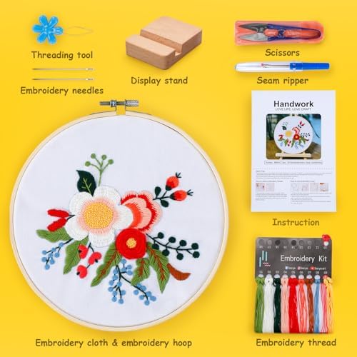 BERYA Embroidery Kit for Beginners, Flowers and Leaves Embroidery Practice Kit, Hand Floral Embroidery Starter Kit for Adults with Video Step by Step Instructions, Hoops, Threads and Needles (BEF014) - Image 2