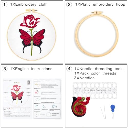 Butterfly Rose Embroidery Kits for Beginners Adults, Valentine's Day Hand Embroidery Kits, Cross Stitch Kits for Adult Anniversary Valentine's Gifts, Entire Set of Embroidery Supplies & Video Tutorial - Image 5