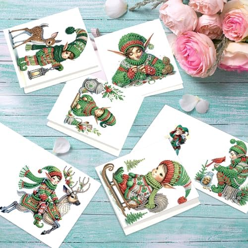 antor 6 Pack 5D Diamond Painting Christmas Cards, Cute Green Hat Elf DIY Diamond Art Cards with Envelopes, Handmade Rhinestone St. Patrick's Day Greeting Card Set for Adults - Image 5