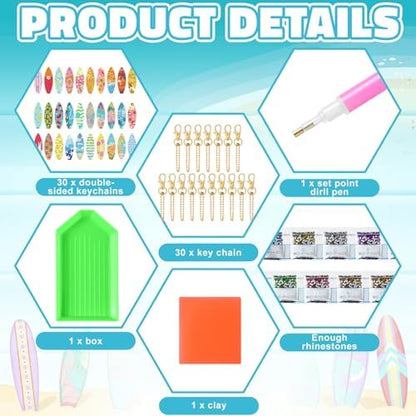 Huquary 30 Pcs Summer Diamond Art Keychains Surfboard Diamond Painting Keychain Kits for Aldults Double Sided 5d Rhinestones Beach Hawaiian Luau Party Hanging Ornaments for Beginners DIY Crafts - Image 5