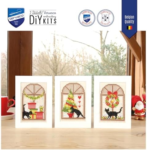 Vervaco Counted Cross Stitch Christmas Cards Kit Set of 3 Festive Feline Holiday Embroidery Kit for Beginners ca. 10,5 x 15 cm DIY Stationairy Set Gift for Crafters - Image 6