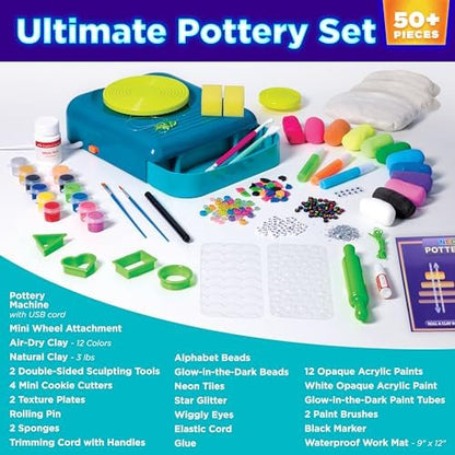 Faber-Castell Neon Glow Pottery Studio: Create Your Own Pottery Designs with USB-Powered Pottery Wheel, Air Dry Clay, Neon & Glow in The Dark Paints, Tools & 50+ Craft Supplies for Kids (Ages 8+) - Image 3