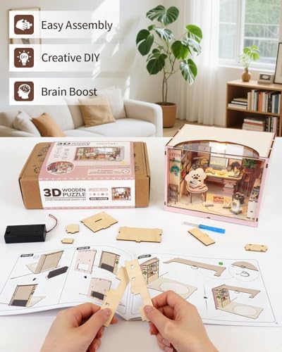 DIY Miniature House Kit-Study Room, 3D Wooden Puzzles with LED Light - Image 2