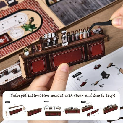 Book Nook Kit, DIY Miniature House Kit for Adult and Teens, 3D Wooden Puzzle Booknook Bookshelf Decor with LED Lights, Gift for Family, Friends, Age 14+ (Warmglow Coffee House) - Image 5