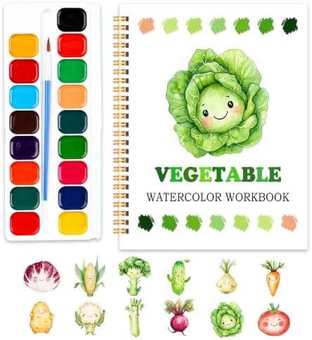 Easy Vegetable Watercolor Workbook for Beginners, Water Coloring Book, 18 Colors Watercolors Paint Set, 12 Patterns Fresh Harvest Watercolor Kit, Relaxing DIY Gift for Adults and Women Teen by SHLINCO
