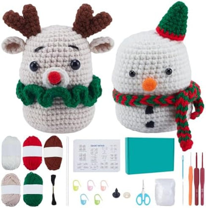 ACRNIGHEET 2Pcs Christmas Crochet Kit for Beginners Snowman and Deer Kits by ACRNIGHEET