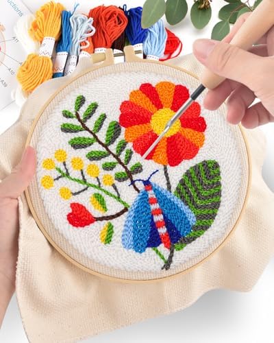 ERKOON Punch Needle Kit Adults Beginners, 2 Pcs DIY Easy Flower Embroidery Set for Starter Art Craft, Needling Punching Project with Patterns, Tools, Yarns, Hoop, Instruction (Safflower) - Image 5