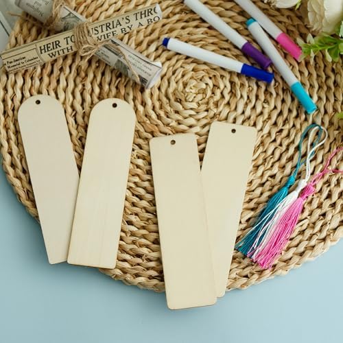 SWATOM Wood Bookmarks Blank DIY Semicircle & Rectangle Wooden Bookmark Craft Bulk 30 PCS Unfinished Wood Tags Rectangle Shape Ornaments with Holes and Tassels for Wedding Party Birthday Decoration - Image 5