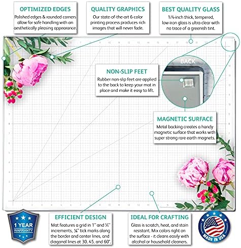 GLASSBOARD STUDIO Glass Craft Mat - Magnetic, Heat & Scratch Resistant - For Crafting, Cutting, Painting, Mixed Media Artwork - Grid Lines, Non-Slip Rubber Feet (Floral 24"L x 36"W) - Image 2