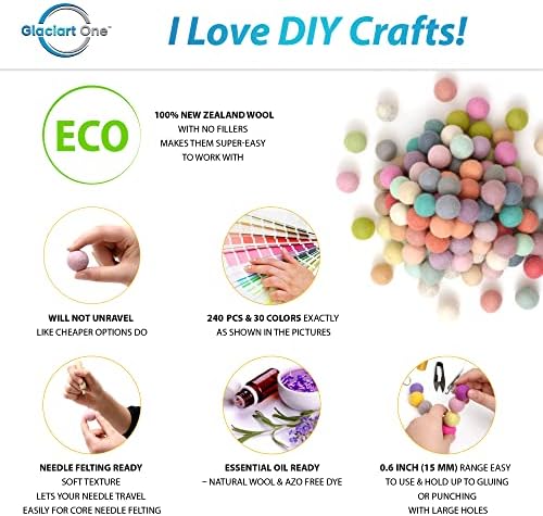 Glaciart One Felt Pom Poms, Wool Felt Balls (240 Pieces) 1.5 cm – 0.6 Inch, Handmade Felted 30 Pastel Colors (Green, Pink, Blue, Yellow and More) Bulk Small Puff for Felting and Garland - Image 2