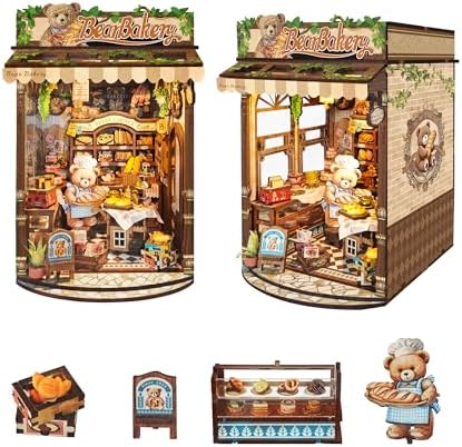 Book Nook Kit,DIY Miniature House kit,3D Puzzle Dollhouse Bookshelf Decor,Store Theme Booknook with LED Light Dust Cover,Gifts for Adults Teens and Beginners - Bear Bakery (SQ-65) by IBOHEYE