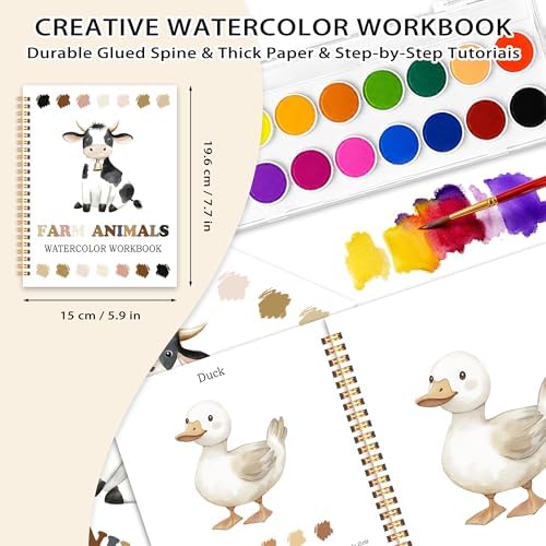 Farm Animals Watercolor Workbook, Water Coloring Book, 12 Patterns, 18 Colors Watercolor Paint Set, Countryside Memories Watercolor Kit for Beginners, Relaxing DIY Gift for Adults - Image 2