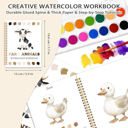 Farm Animals Watercolor Workbook, Water Coloring Book, 12 Patterns, 18 Colors Watercolor Paint Set, Countryside Memories Watercolor Kit for Beginners, Relaxing DIY Gift for Adults - Image 2