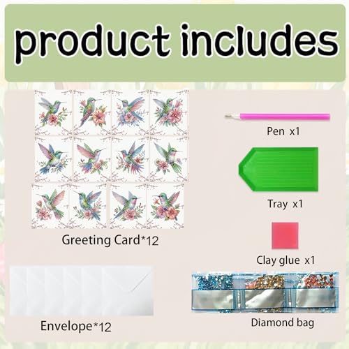 jinglinhh 12pcs Flower Hummingbird Diamond Art Painting Greeting Cards with Envelopes, DIY Card Making Kits for Adults, Diamond Art Christmas Cards for Birthday Holiday Postcards Craft Gifts - Image 3