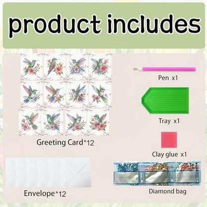 jinglinhh 12pcs Flower Hummingbird Diamond Art Painting Greeting Cards with Envelopes, DIY Card Making Kits for Adults, Diamond Art Christmas Cards for Birthday Holiday Postcards Craft Gifts - Image 3