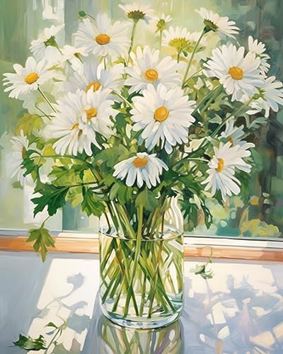 Tucocoo White Daisy DIY Paint by Numbers for Adults White Flowers with Green Leaves in Vase DIY Oil Painting Kits Canvas with Acrylic Paint Floral Plant Art 16x20 Inch （Without Frame ） by Tucocoo