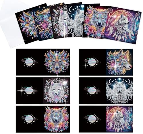 6pcs 5D DIY Diamond Painting Kit Greeting Card, Dreamcatcher Wolf Head Diamond Handmade Greeting Card with Envelope, Holiday Gift Congratulations by Tontut