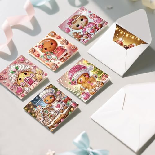 FRANDEK 6pcs Pink Gingerbread Men Diamond Art Painting Greeting Cards, Handmade DIY Gem Art Kit with Rhinestones, Diamond Dots Postcards for Birthdays, Holiday Thoughtful Gift for Adults - Image 3