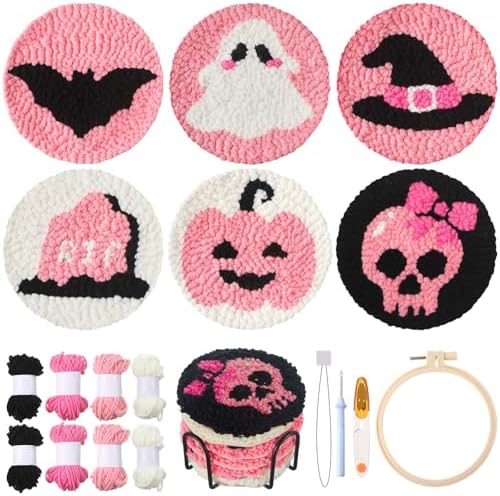 Yaomiao 6 Pcs Halloween Punch Needle Coaster Kit for Beginners Adults by Yaomiao