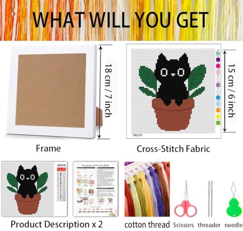 Black Cat Plants Stamped Cross Stitch Kits for Adults Beginners with Frame - Image 2