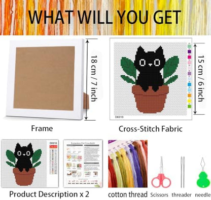 Black Cat Plants Stamped Cross Stitch Kits for Adults Beginners with Frame - Image 2