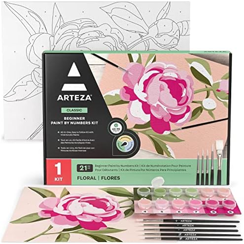 Arteza Paint by Number for Adults, 12x16 Inches, 21 Pieces, Floral Paint by Numbers Kit, Comes with 1 Canvas Panel, 12 Acrylic Paint Pots, 5 Paintbrushes, Art Supplies for Home & Office Wall Decor by ARTEZA