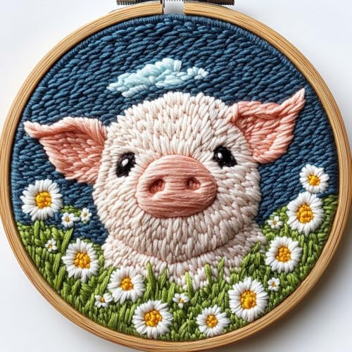 Punch Needle Kit for Beginners, Punch Stitching Kit for Adults, Needle Punch Kits for Adults, Pink Pig and Daisy Flowers DIY Embroidery Set for Art Crafts and Decorations by Unknown