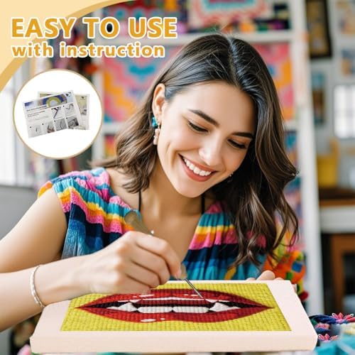 Doodlream Red Lip Needle Kit for Beginner, 9.4"x 9.4" Halloween Fanged Mouth Punch Stitching Craft Set, Color DIY Embroidery Starter with Printed Frame, Instruction, Threader, Yarn, Pinch Needle - Image 3