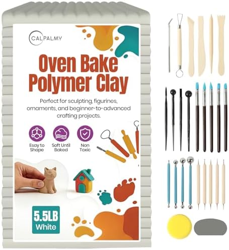 CALPALMY Oven Bake Polymer Clay 5.5lb with Tools Kit, White Sculpting Material for Modeling & Crafts, Soft Until Baked, Non-Toxic DIY Clay for Figurines, Miniatures, Jewelry & Pottery Projects by CalPalmy