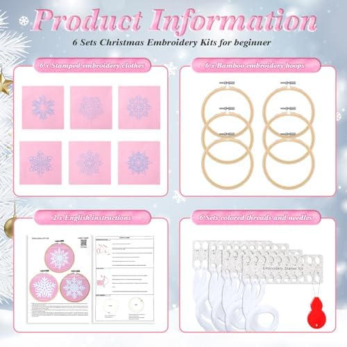 Roowest 6 Sets Christmas Embroidery Kits Snowflake Ornament DIY,Pink - Image 2