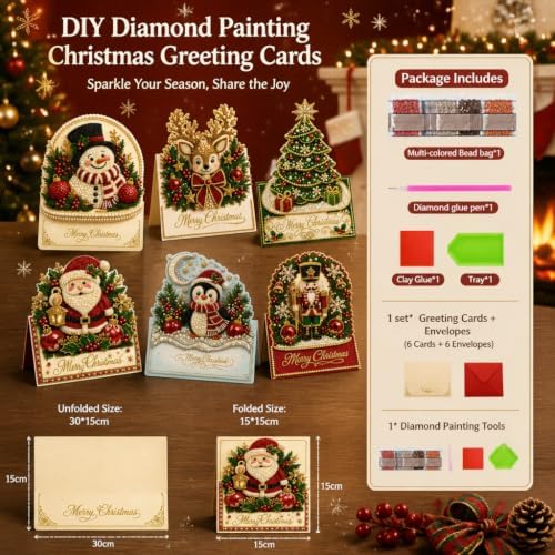 6 Pack Christmas Diamond Painting Cards with Envelopes, Pearl Art Kit - Image 3