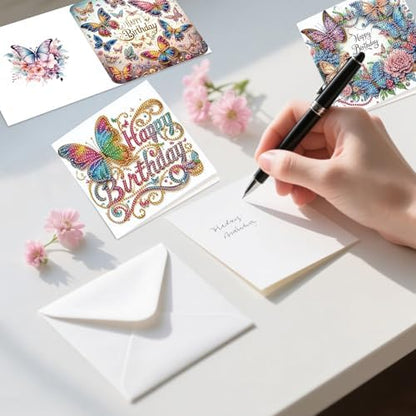 6 Pack Diamond Art Greeting Cards with Envelopes, DIY 5D Diamond Painting Birthday Card Kit with Butterflies and Flowers, 30x15cm Handmade Special Shaped Rhinestone Craft for Holiday and Birthday - Image 4