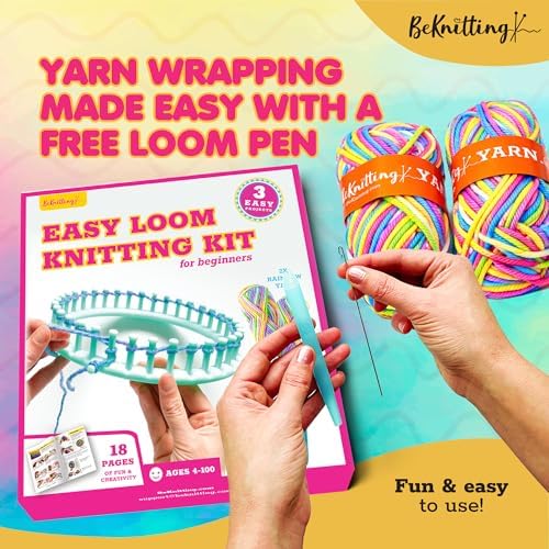 BeKnitting Loom Kit - Beginner Learn to Knit Hat, Bag and Headband for Kids & Adults | DIY Arts & Crafts w/Round Loom, Yarn, Crochet Hook, & Pen | Weaving | Holiday Gifts, Gift-Ready Box - Image 6