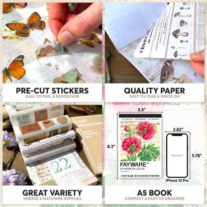 FAYWARE Vintage Washi Stickers for Journaling - Ephemera Book for Journaling with 414 Stickers & 20 Scrapbook Papers. Junk Journal Supplies, Scrapbooking Supplies - Image 3