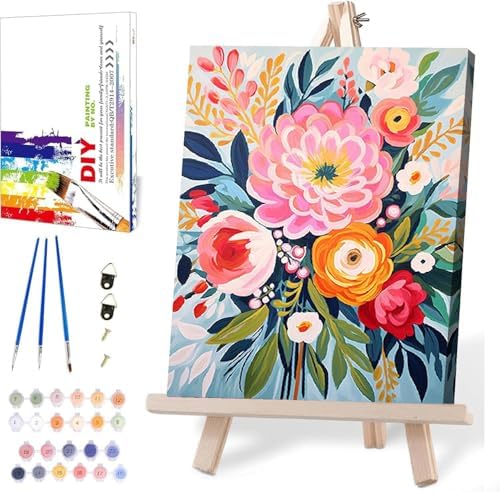 Flowers Paint by Numbers for Adults with Framed Canvas,Paint by Numbers Kits with Wooden Easel Drawing Paintwork,DIY Acrylic Oil Painting Kits with Brushes Gift Box for Home Wall Decor(12x16 Inch) by MIRCVSH