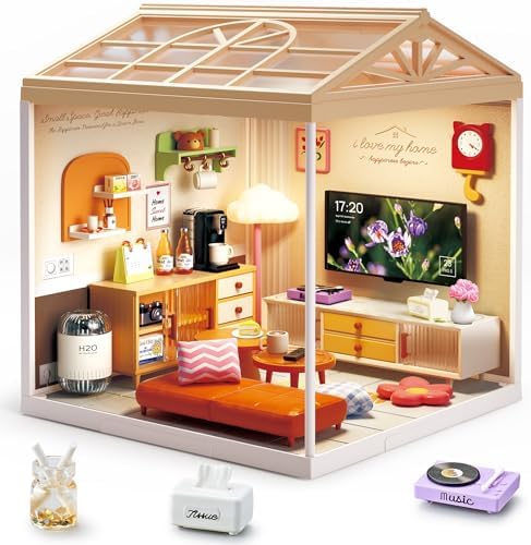 Modern Living Room DIY Miniature House Kit with Roof & LED Light, Stackable & Connectable Dollhouse Kit with Dustproof Door, Creative DIY Crafts Building Toy Gift for Adults Teens by Unknown