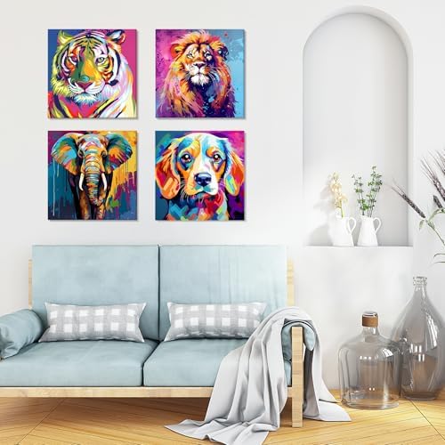GHHKUD 4 Pack Framed Paint by Numbers Colorful Animals for Adults Beginners, DIY Tiger Lion Painting by Numbers Elephant Dog with Wooden Frame, Art on Canvas Gifts Home Wall Decor 8x8in - Image 3