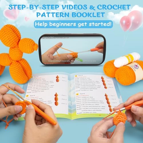 Crochetta Crochet Kit for Beginners, Crochet Kit w Step-by-Step Video Tutorials, Crochet Starter Kit Learn to Crochet Kits for Adults Kids Beginners, Vibrant Orange Balloon Dog (40%+ Yarn Content) - Image 2